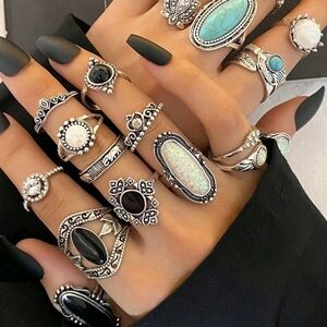 Bohemian Silver , Turquoise and Black Ring Set 60 Rings !